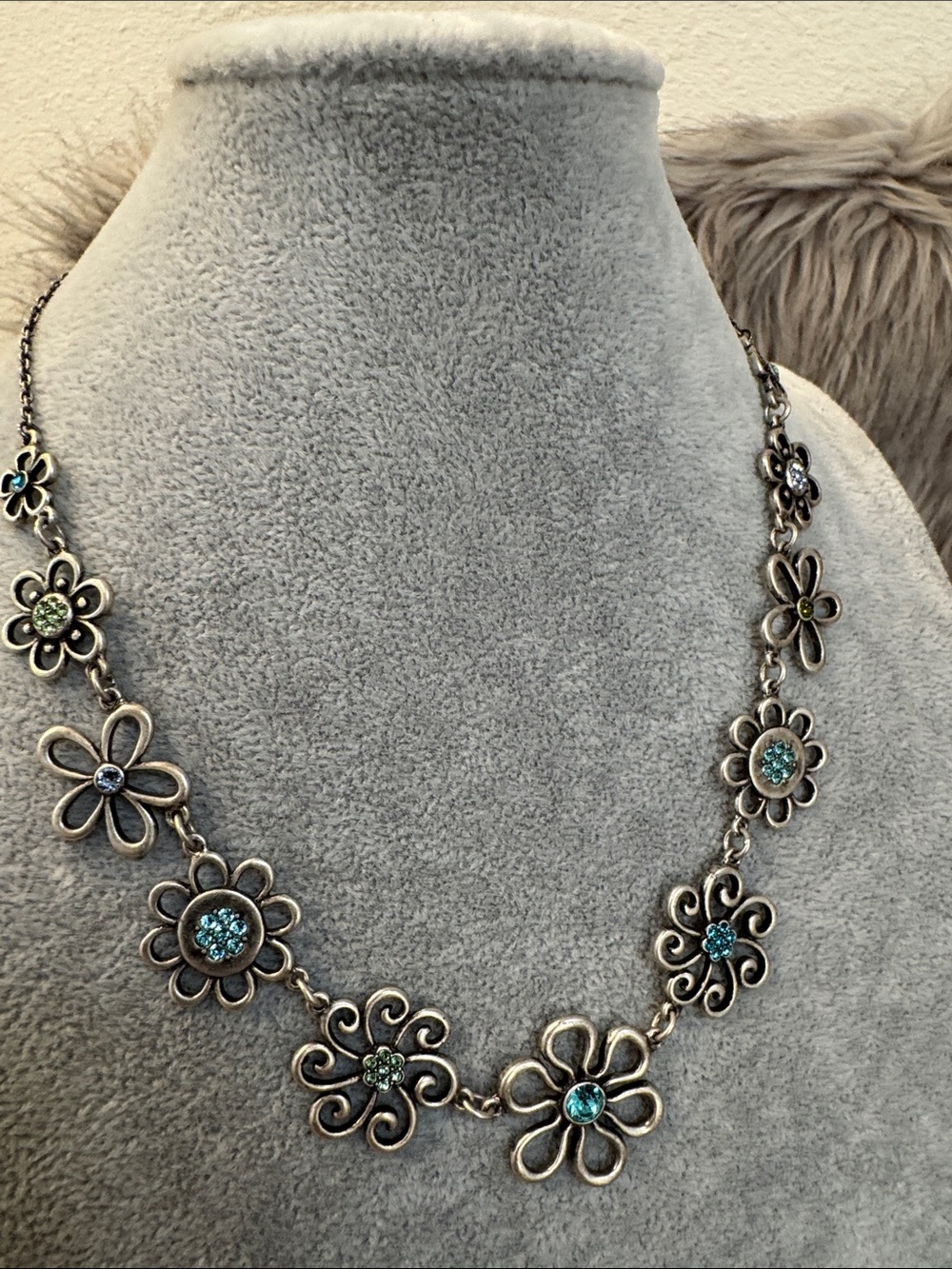 Touchstone by Swarovski Silver Floral Necklace with Blue and Green Stones